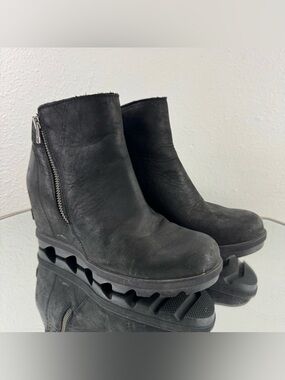 SOREL Womens Black Leather Waterproof Joan of Arctic Wedge II Zip Ankle Booties